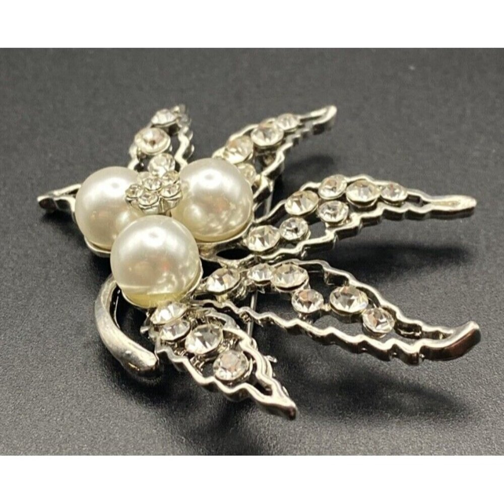 Crystal Bridal Brooch Pin Faux Pearl Silver Tone Filigree Leaves Prom Pageant 2" - Picture 2 of 9